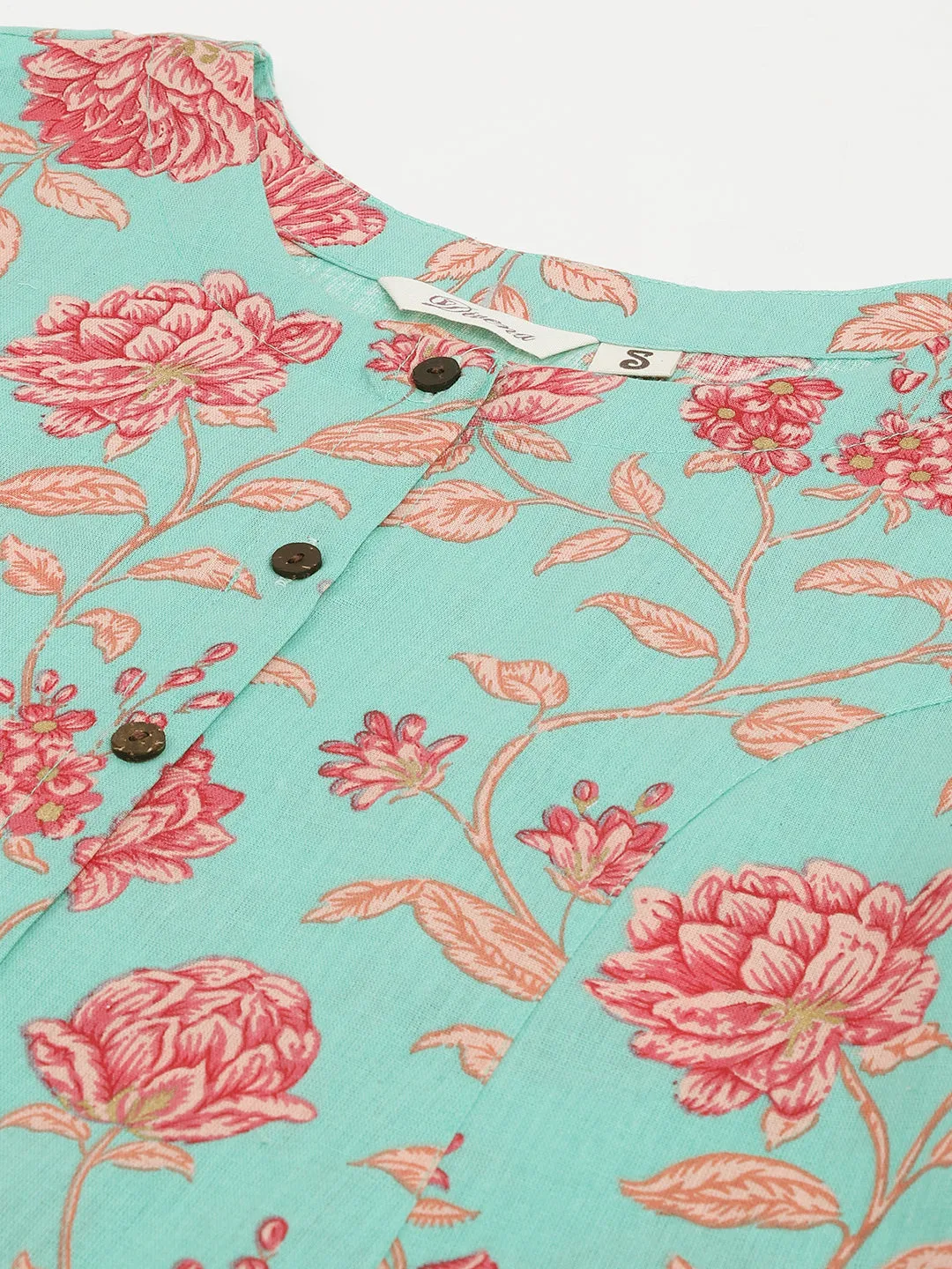 Jashvi Green Floral Printed Cotton A-Line Kurta