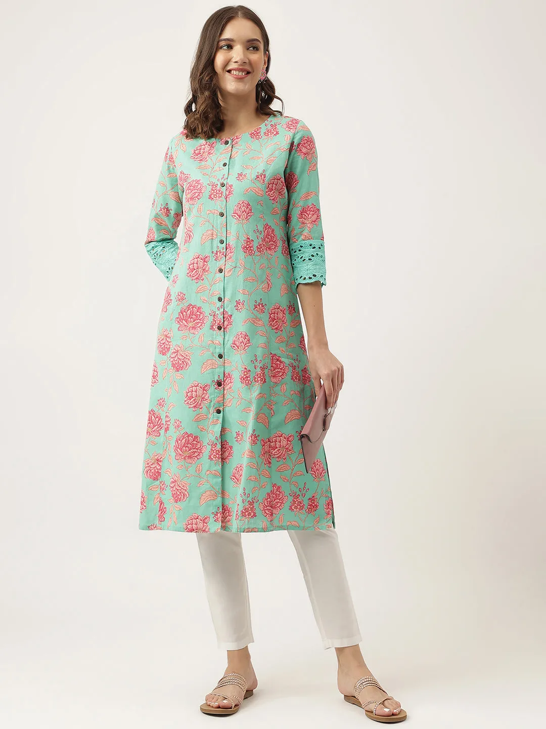 Jashvi Green Floral Printed Cotton A-Line Kurta
