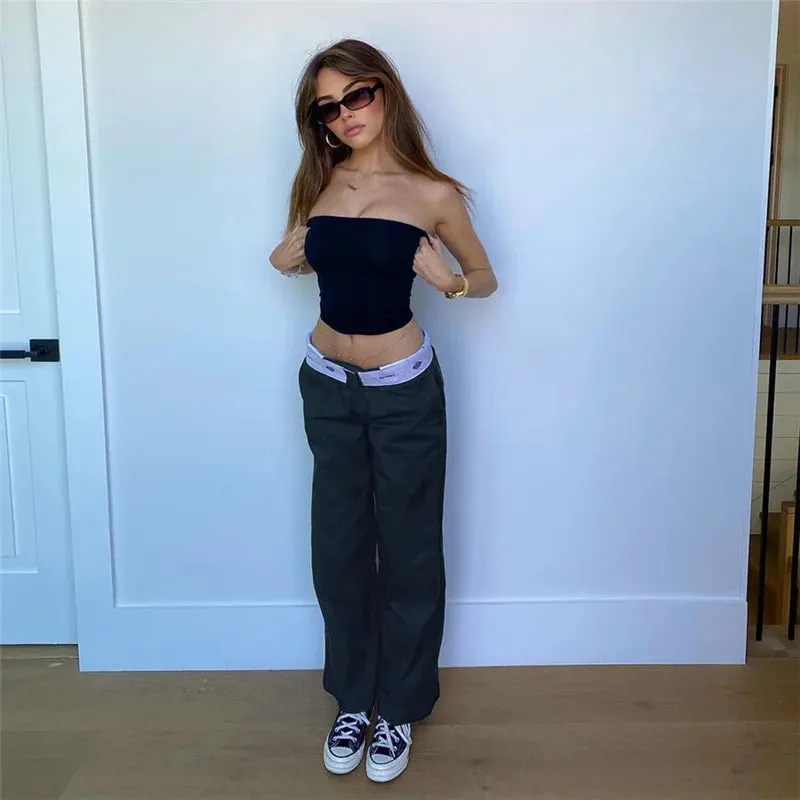 TAVIMART  -  Women Casual Contrast Printing Trousers Low-waist  Adults Solid Color Block Printed Zipper Slim Sports Pants with Pockets traf